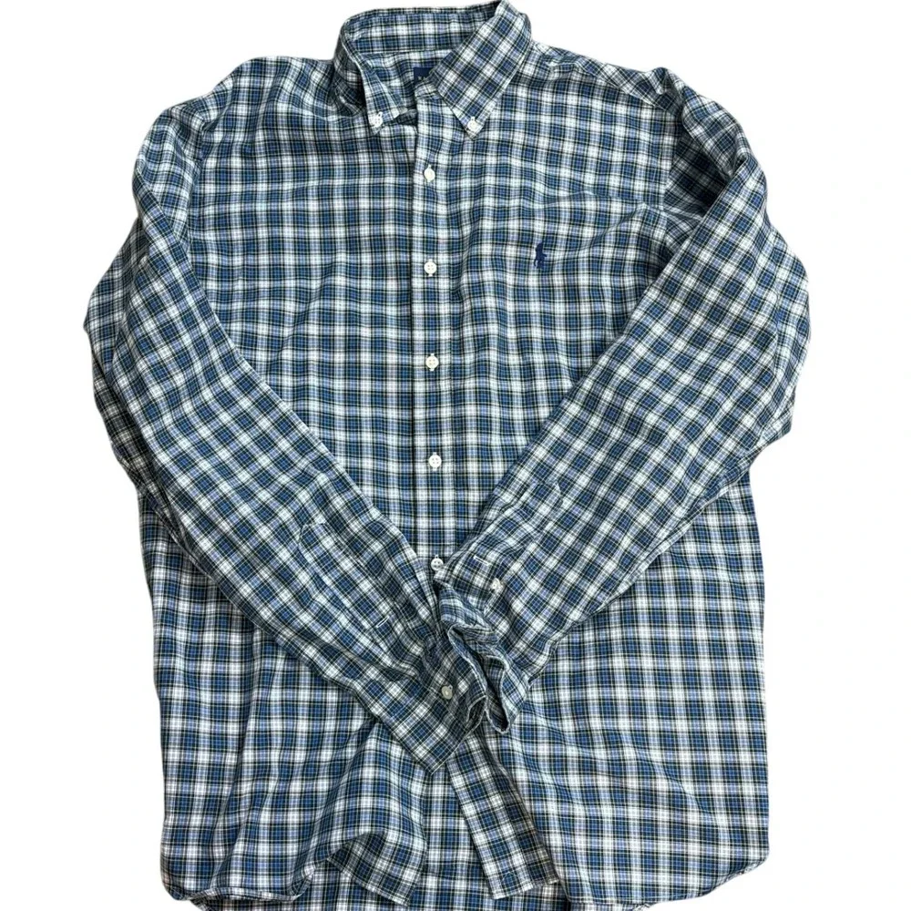Polo Ralph Lauren Plaid Button Down Shirt Blue Green 16.5 Large